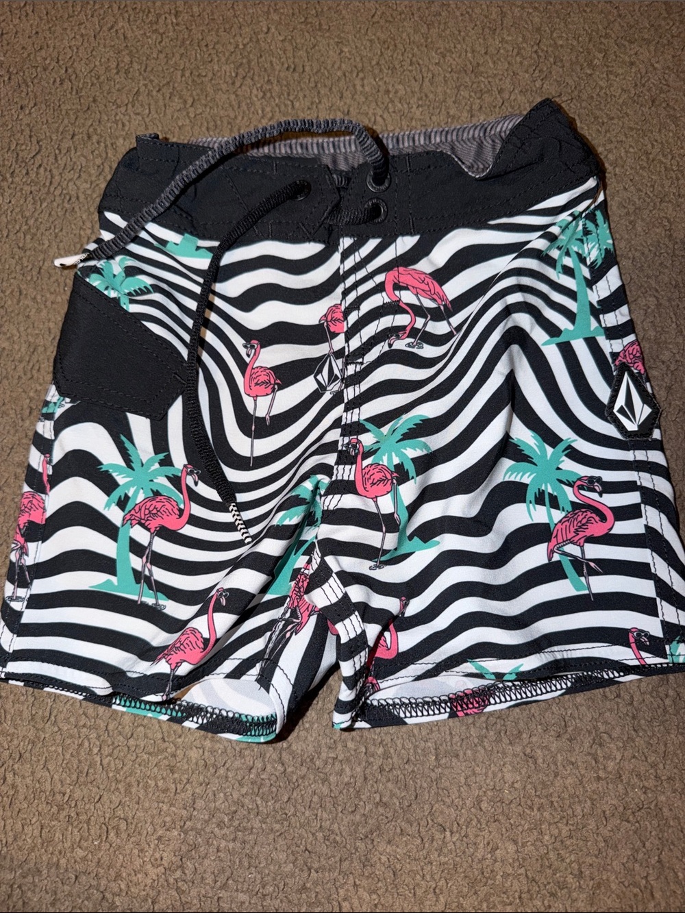 Volcom Black White Zebra Stripe Flamingo swim trunks with Pink & Teal Accents